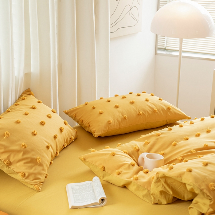 91家纺网 家纺一手货源 找家纺 贝尔 PELLHOME 复古风毛球剪花日式简约套件全棉水洗棉纯素色四件套（春节不打烊) 球球-奶黄