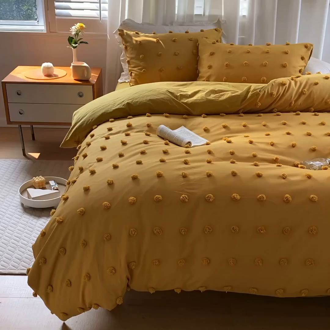 91家纺网 家纺一手货源 找家纺 贝尔 PELLHOME 复古风毛球剪花日式简约套件全棉水洗棉纯素色四件套（春节不打烊) 球球-奶黄