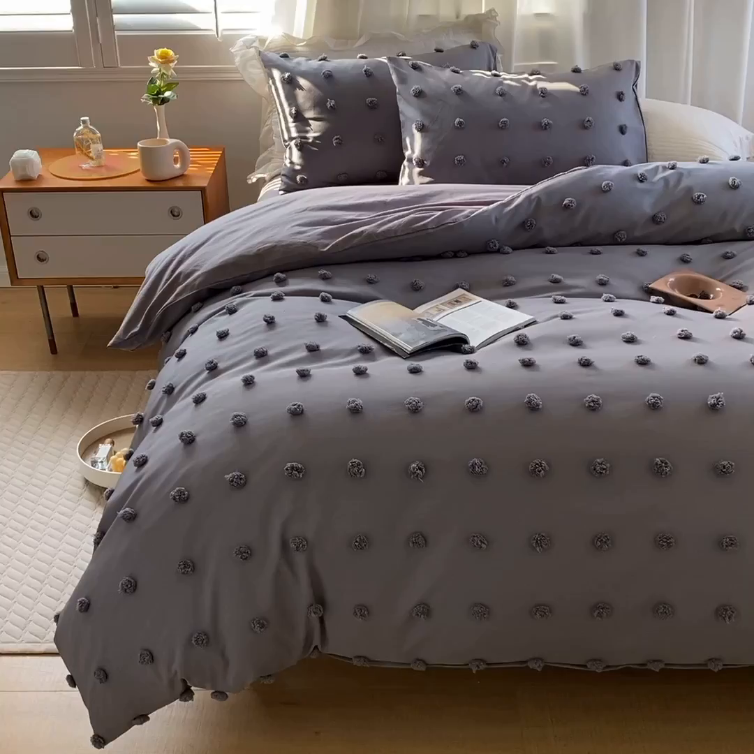 91家纺网 家纺一手货源 找家纺 贝尔 PELLHOME 复古风毛球剪花日式简约套件全棉水洗棉纯素色四件套（春节不打烊) 球球-绅士灰