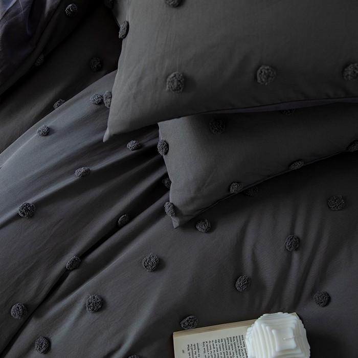 91家纺网 家纺一手货源 找家纺 贝尔 PELLHOME 复古风毛球剪花日式简约套件全棉水洗棉纯素色四件套（春节不打烊) 球球-深灰