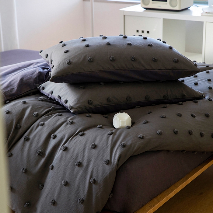 91家纺网 家纺一手货源 找家纺 贝尔 PELLHOME 复古风毛球剪花日式简约套件全棉水洗棉纯素色四件套（春节不打烊) 球球-深灰