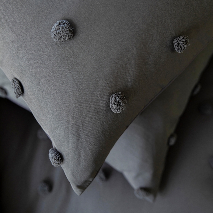 91家纺网 家纺一手货源 找家纺 贝尔 PELLHOME 复古风毛球剪花日式简约套件全棉水洗棉纯素色四件套（春节不打烊) 球球-深灰