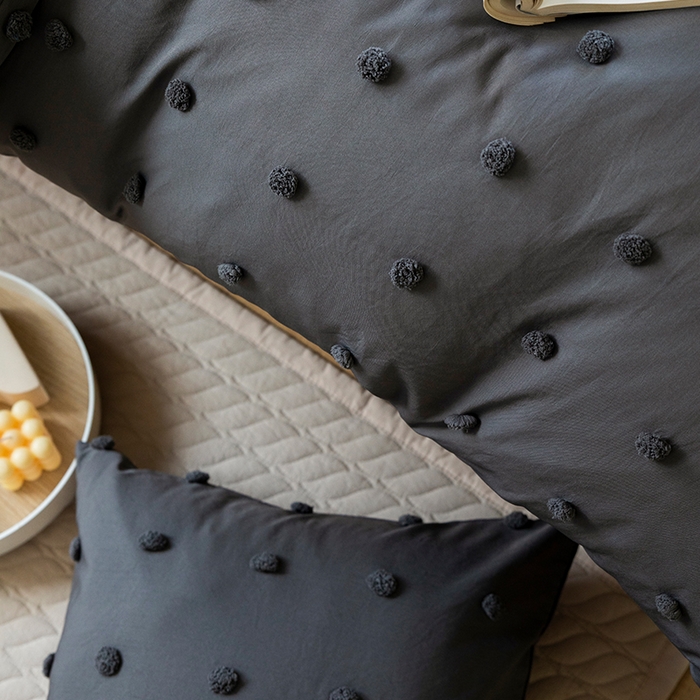 91家纺网 家纺一手货源 找家纺 贝尔 PELLHOME 复古风毛球剪花日式简约套件全棉水洗棉纯素色四件套（春节不打烊) 球球-深灰