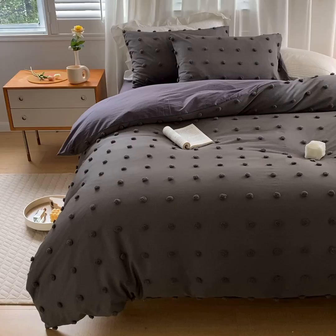 91家纺网 家纺一手货源 找家纺 贝尔 PELLHOME 复古风毛球剪花日式简约套件全棉水洗棉纯素色四件套（春节不打烊) 球球-深灰