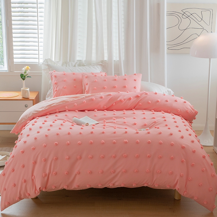 贝尔 PELLHOME 复古风毛球剪花日式简约套件全棉水洗棉纯素色四件套（春节不打烊) 球球-氧粉