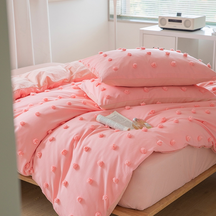 91家纺网 家纺一手货源 找家纺 贝尔 PELLHOME 复古风毛球剪花日式简约套件全棉水洗棉纯素色四件套（春节不打烊) 球球-氧粉