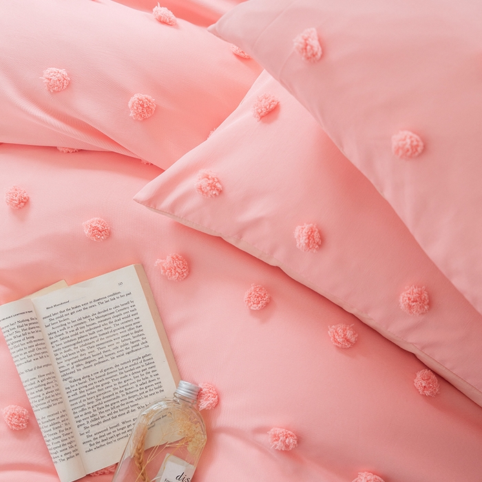 91家纺网 家纺一手货源 找家纺 贝尔 PELLHOME 复古风毛球剪花日式简约套件全棉水洗棉纯素色四件套（春节不打烊) 球球-氧粉