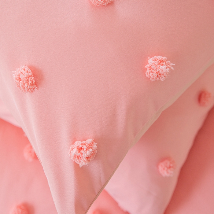 91家纺网 家纺一手货源 找家纺 贝尔 PELLHOME 复古风毛球剪花日式简约套件全棉水洗棉纯素色四件套（春节不打烊) 球球-氧粉