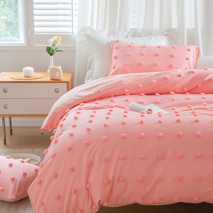 91家纺网 家纺一手货源 找家纺 贝尔 PELLHOME 复古风毛球剪花日式简约套件全棉水洗棉纯素色四件套（春节不打烊) 球球-氧粉