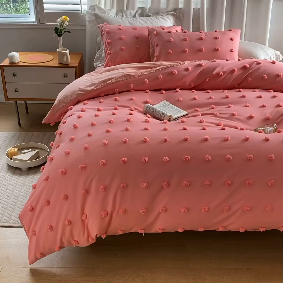 91家纺网 家纺一手货源 找家纺 贝尔 PELLHOME 复古风毛球剪花日式简约套件全棉水洗棉纯素色四件套（春节不打烊) 球球-氧粉