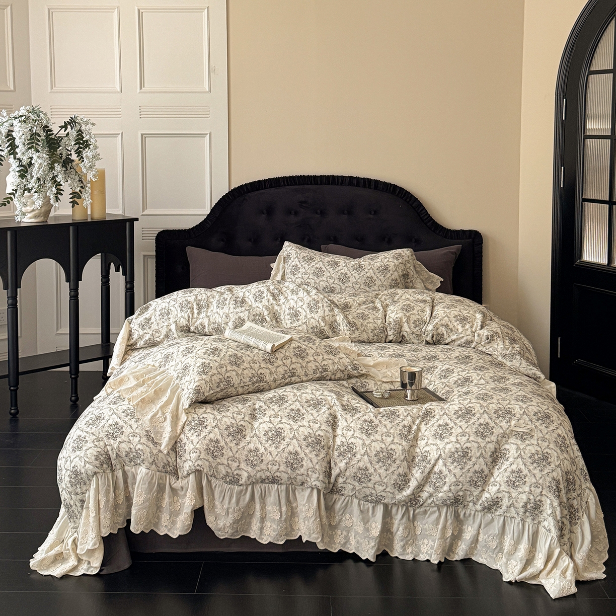 91家纺网 家纺一手货源 找家纺 （总）耀悦家纺 2025新款纯棉皱皱纱四件套全棉双层纱水洗棉大花边法式工艺款四件套