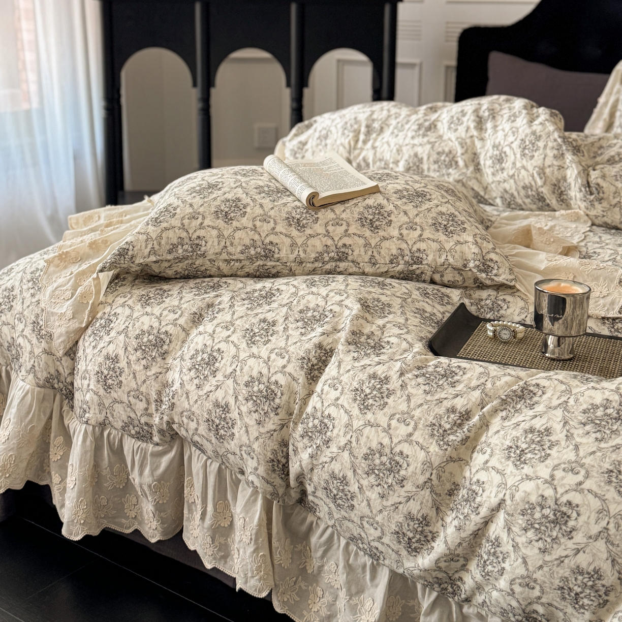 91家纺网 家纺一手货源 找家纺 （总）耀悦家纺 2025新款纯棉皱皱纱四件套全棉双层纱水洗棉大花边法式工艺款四件套