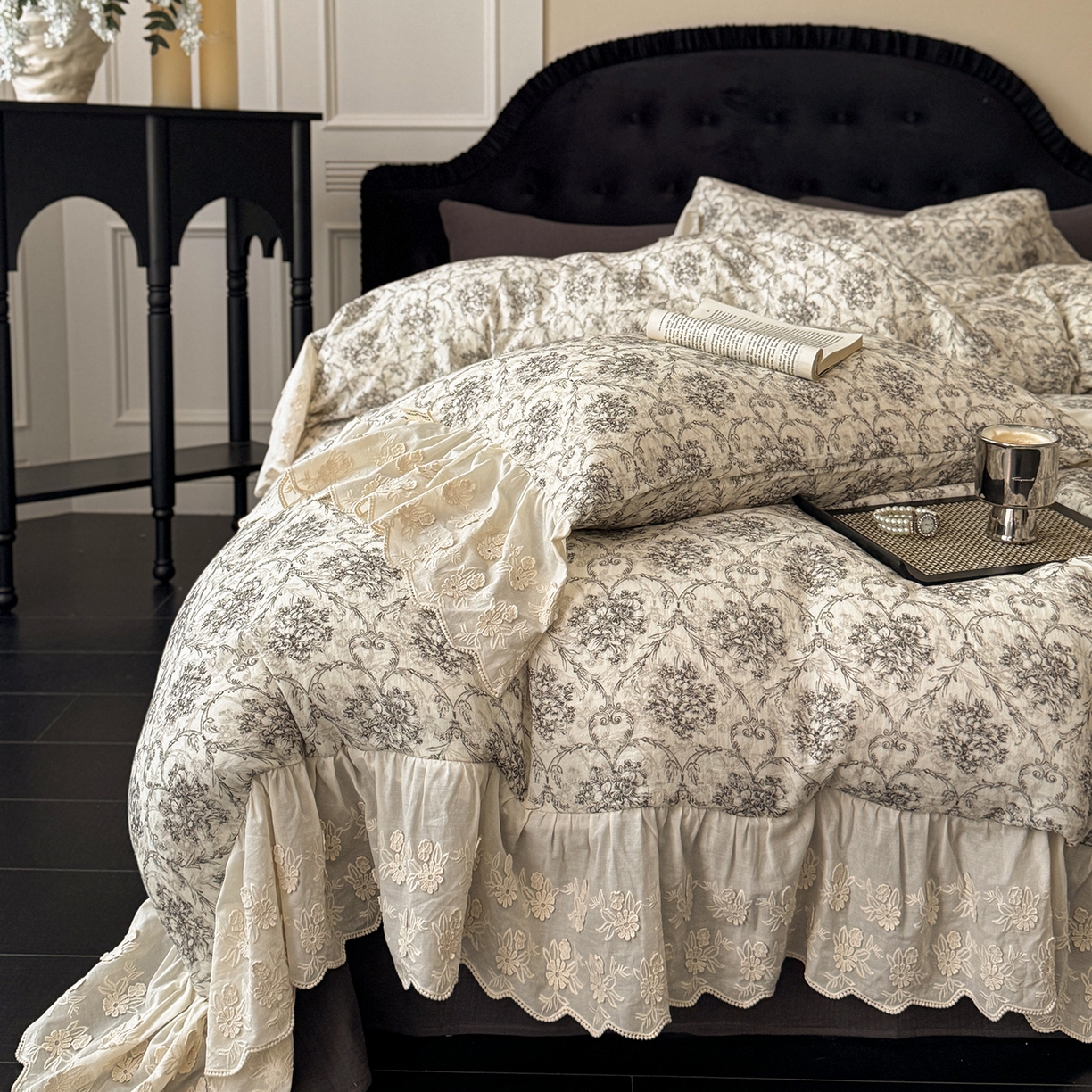 91家纺网 家纺一手货源 找家纺 （总）耀悦家纺 2025新款纯棉皱皱纱四件套全棉双层纱水洗棉大花边法式工艺款四件套