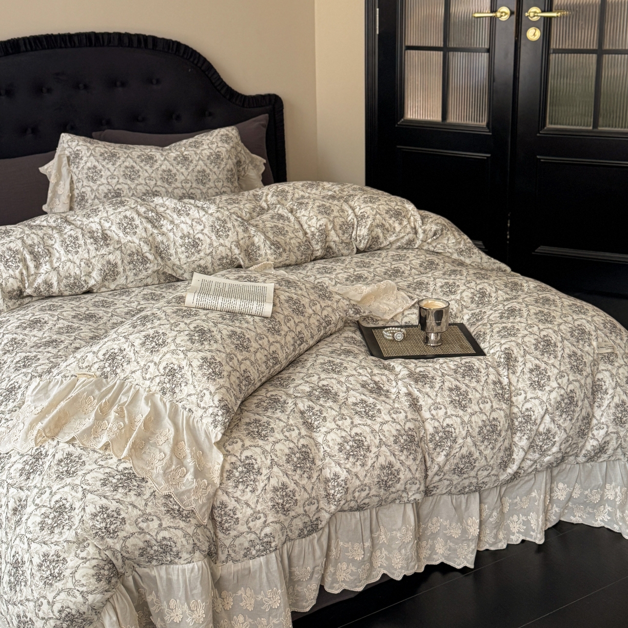 91家纺网 家纺一手货源 找家纺 （总）耀悦家纺 2025新款纯棉皱皱纱四件套全棉双层纱水洗棉大花边法式工艺款四件套