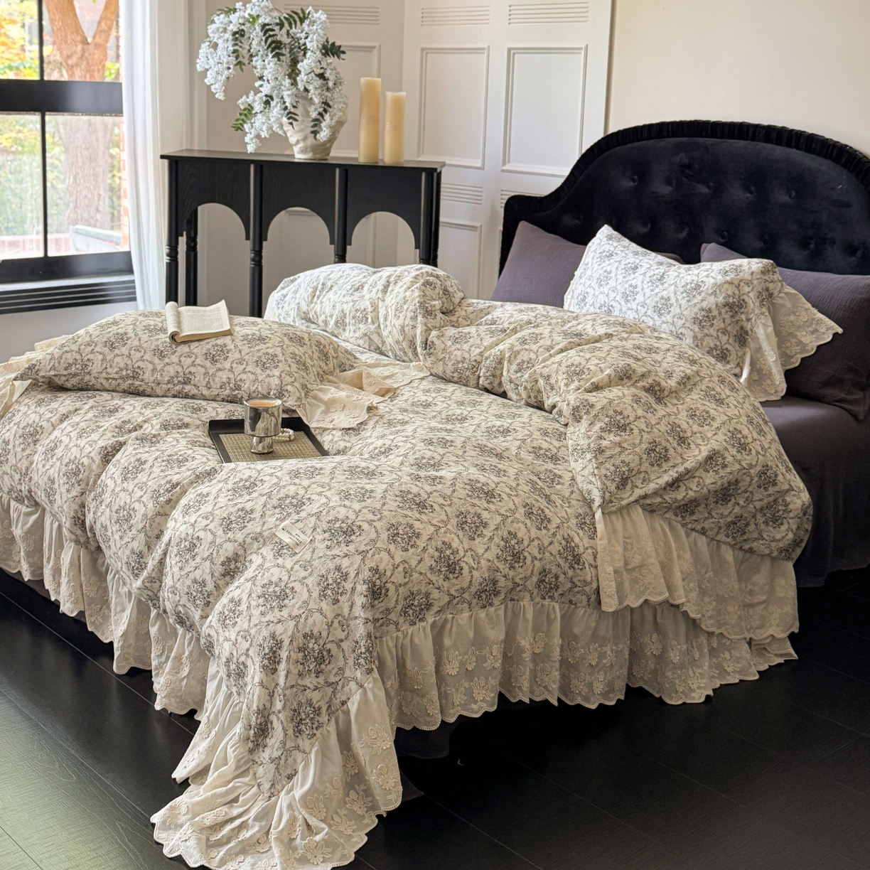 （总）耀悦家纺 2025新款纯棉皱皱纱四件套全棉双层纱水洗棉大花边法式工艺款四件套