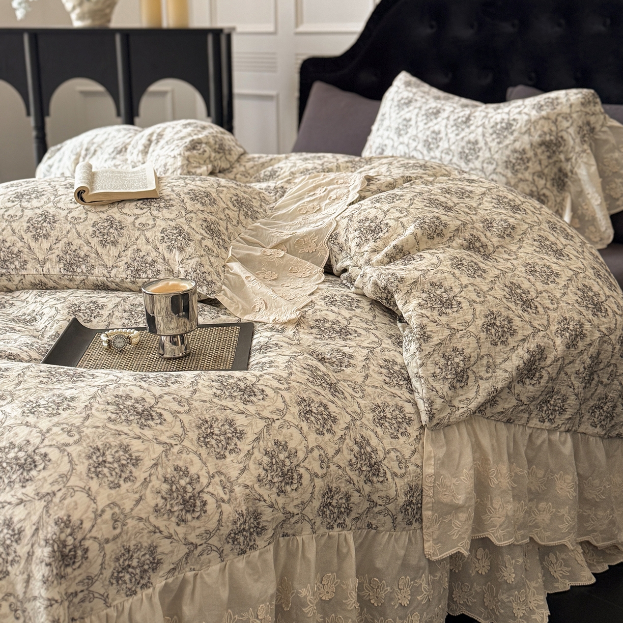 91家纺网 家纺一手货源 找家纺 （总）耀悦家纺 2025新款纯棉皱皱纱四件套全棉双层纱水洗棉大花边法式工艺款四件套