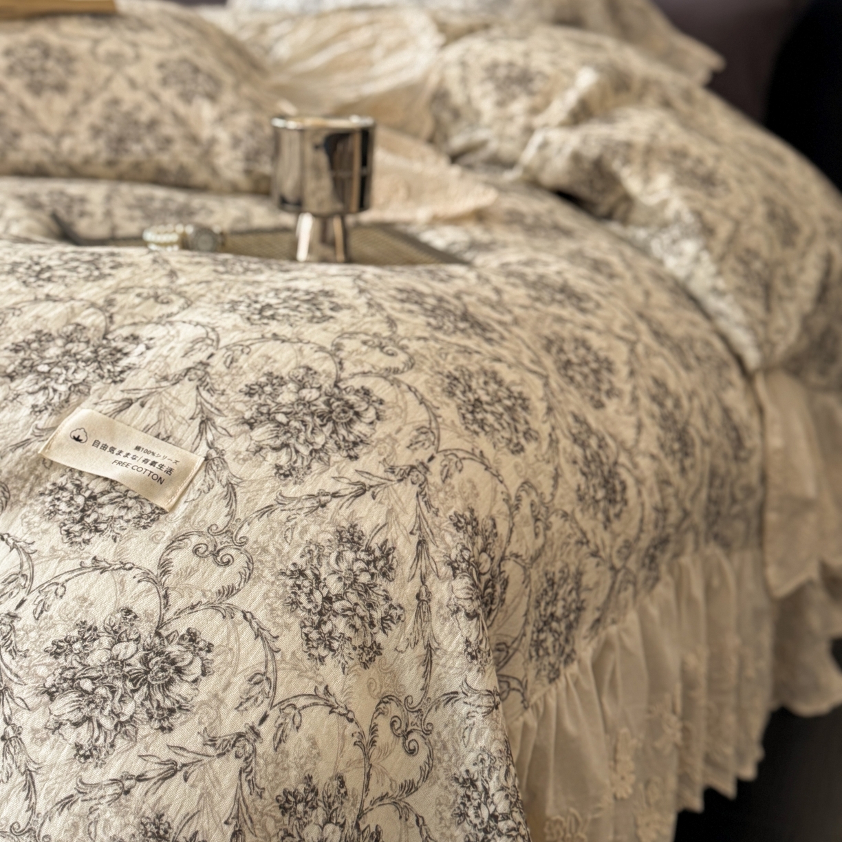 91家纺网 家纺一手货源 找家纺 （总）耀悦家纺 2025新款纯棉皱皱纱四件套全棉双层纱水洗棉大花边法式工艺款四件套