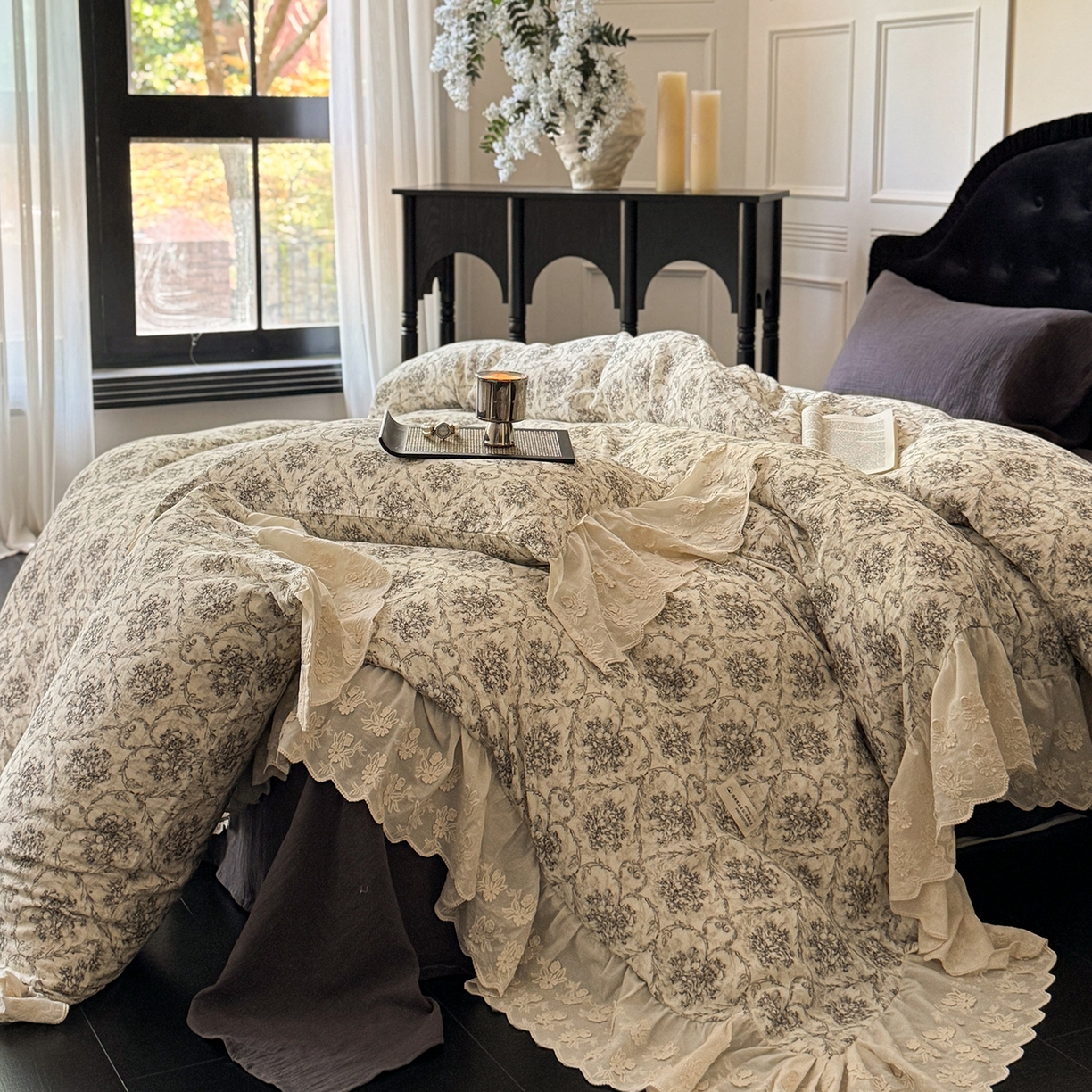 91家纺网 家纺一手货源 找家纺 （总）耀悦家纺 2025新款纯棉皱皱纱四件套全棉双层纱水洗棉大花边法式工艺款四件套