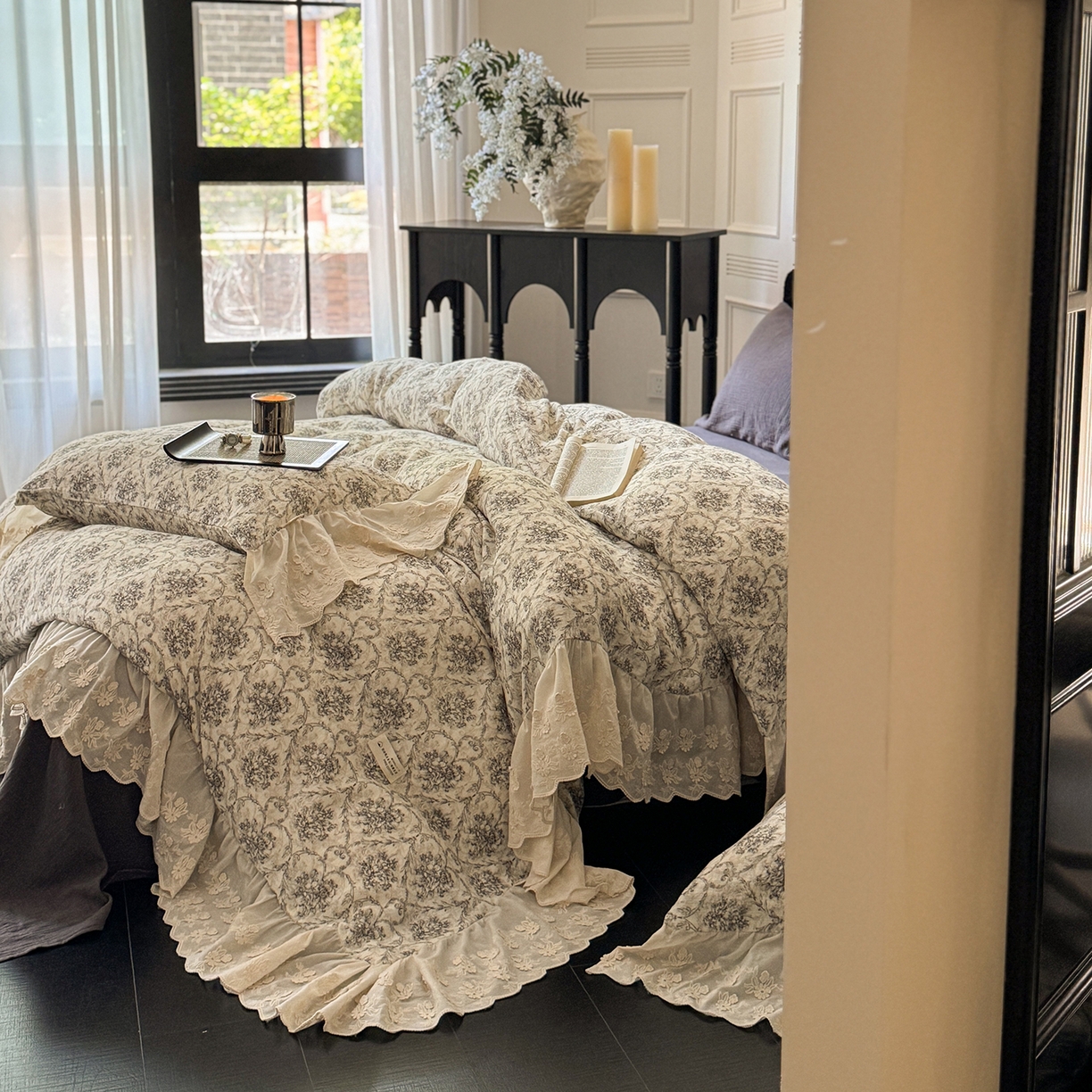 91家纺网 家纺一手货源 找家纺 （总）耀悦家纺 2025新款纯棉皱皱纱四件套全棉双层纱水洗棉大花边法式工艺款四件套