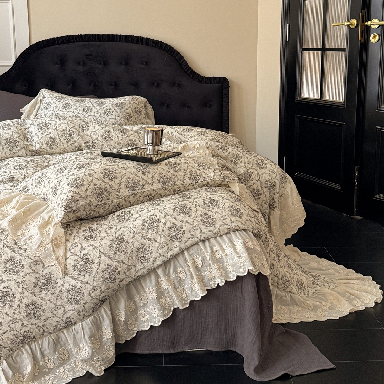 91家纺网 家纺一手货源 找家纺 （总）耀悦家纺 2025新款纯棉皱皱纱四件套全棉双层纱水洗棉大花边法式工艺款四件套