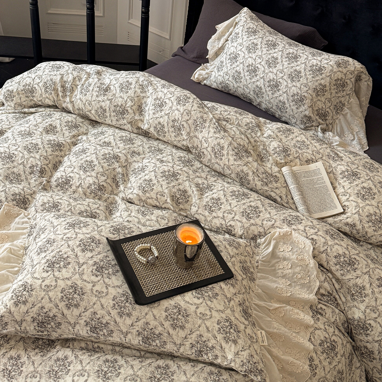 91家纺网 家纺一手货源 找家纺 （总）耀悦家纺 2025新款纯棉皱皱纱四件套全棉双层纱水洗棉大花边法式工艺款四件套