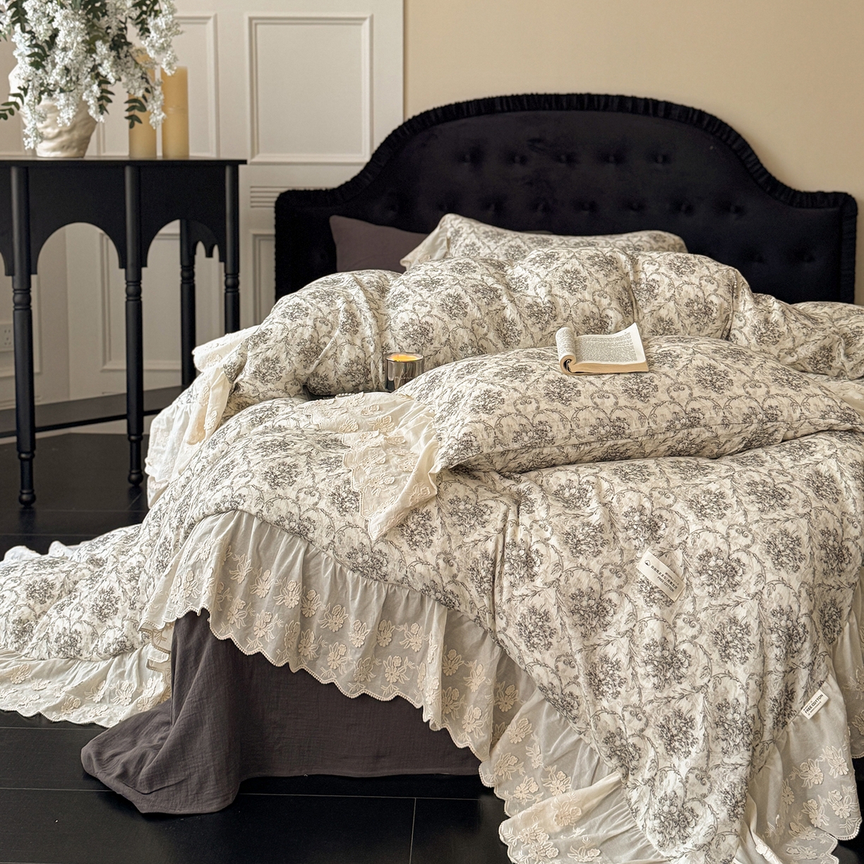 91家纺网 家纺一手货源 找家纺 （总）耀悦家纺 2025新款纯棉皱皱纱四件套全棉双层纱水洗棉大花边法式工艺款四件套