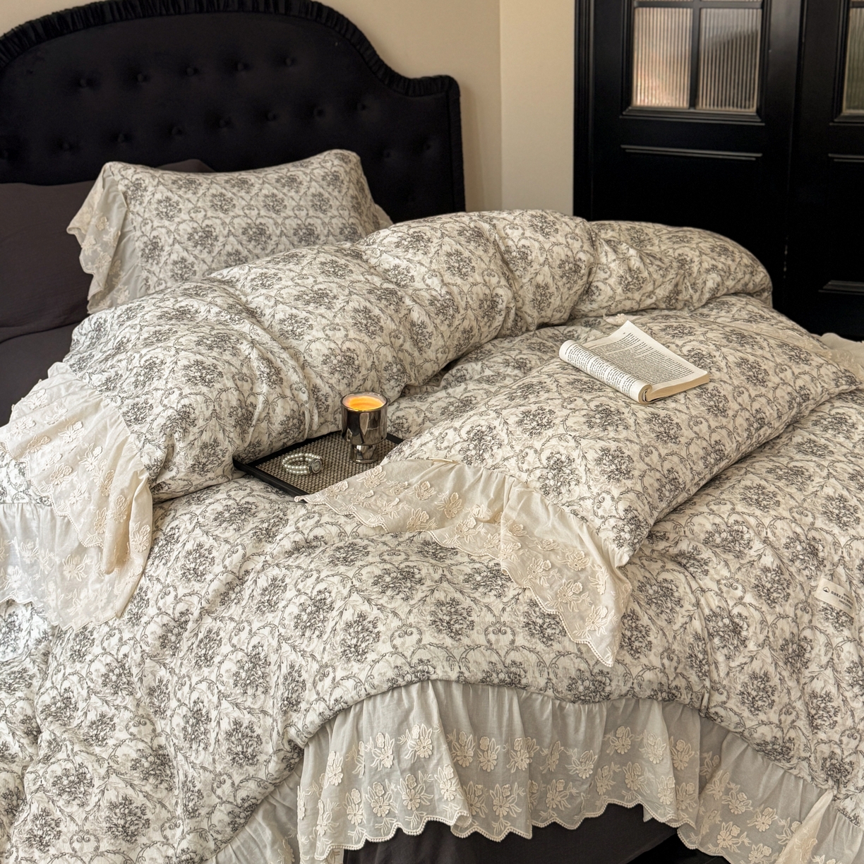 91家纺网 家纺一手货源 找家纺 （总）耀悦家纺 2025新款纯棉皱皱纱四件套全棉双层纱水洗棉大花边法式工艺款四件套