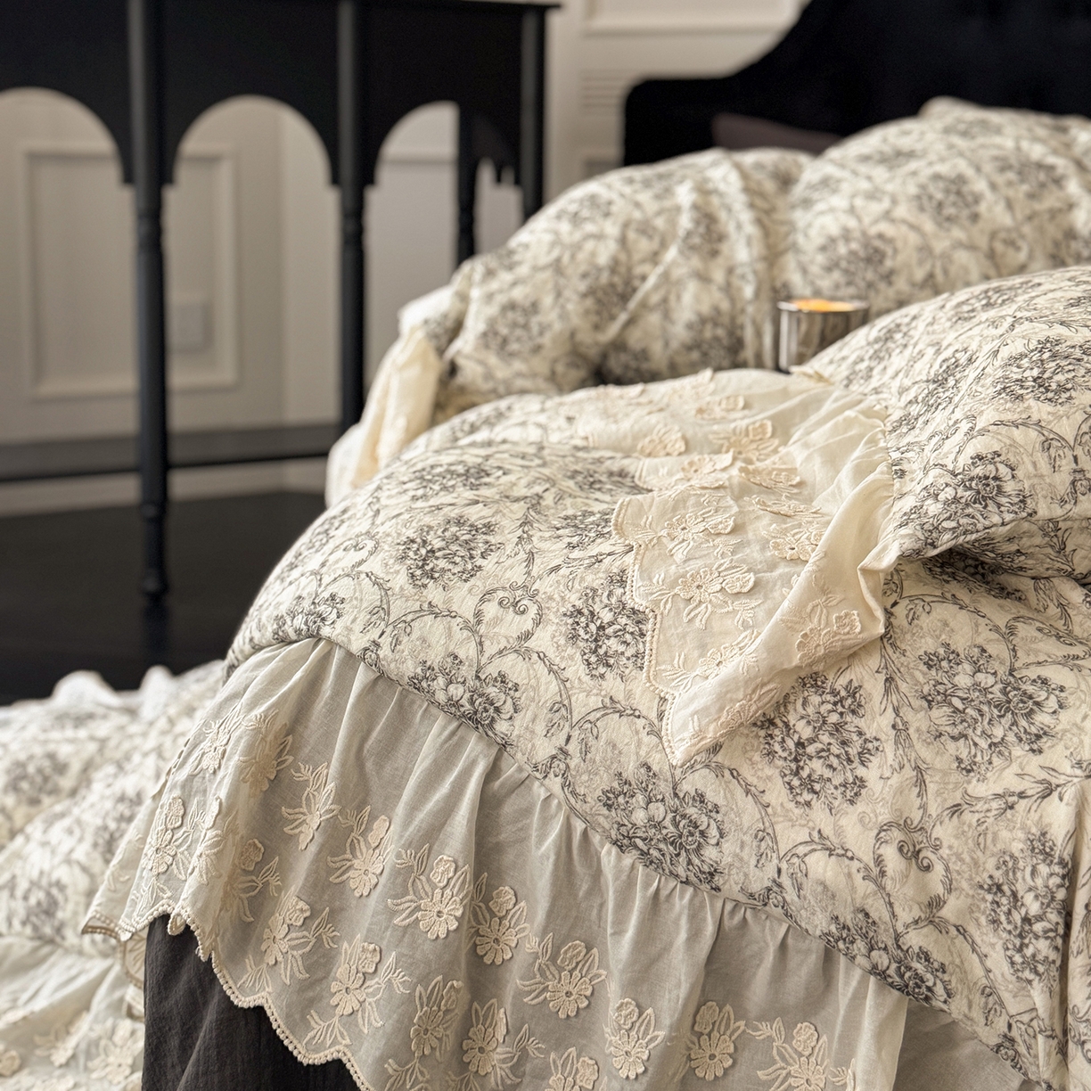 91家纺网 家纺一手货源 找家纺 （总）耀悦家纺 2025新款纯棉皱皱纱四件套全棉双层纱水洗棉大花边法式工艺款四件套