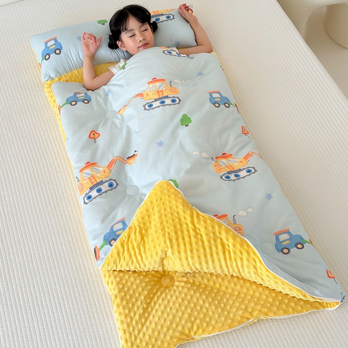 91家纺网 家纺一手货源 找家纺 嗨生活 2025秋冬加厚儿童睡袋全棉+豆豆绒一体防踢被儿童睡袋 蓝色挖掘