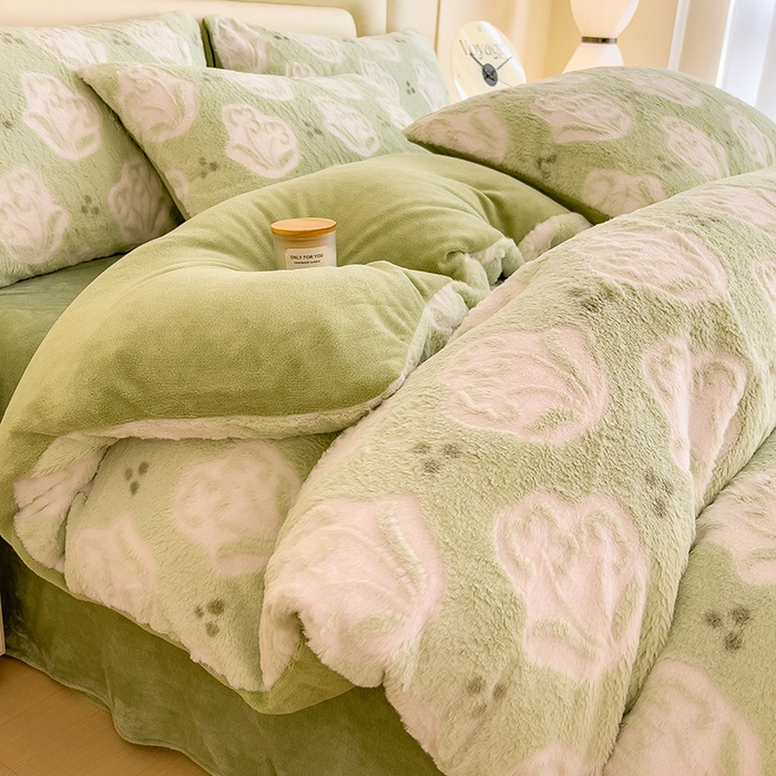 摩妮卡 2025新款A类加厚兔毛雕花牛奶绒四件套 茶花-绿