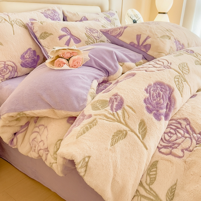 摩妮卡 2025新款A类加厚兔毛雕花牛奶绒四件套 向阳花开-紫