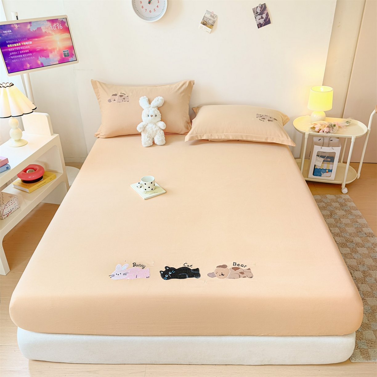 91家纺网 家纺一手货源 找家纺 笙意家纺 2025新款全棉纯棉磨毛刺绣单品床笠 床笠单件 萌宠-贝卡黄