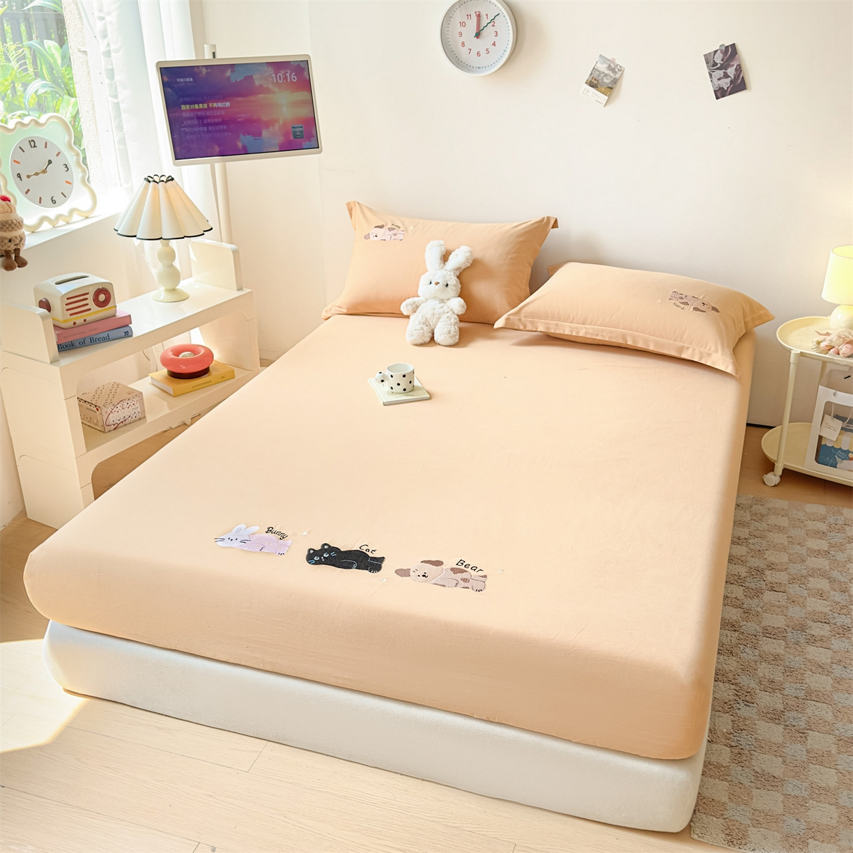 91家纺网 家纺一手货源 找家纺 笙意家纺 2025新款全棉纯棉磨毛刺绣单品床笠 床笠单件 萌宠-贝卡黄