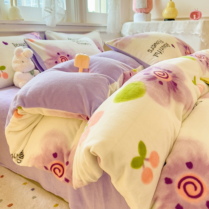 91家纺网 家纺一手货源 找家纺 （总）摩妮卡 摩妮卡 2025新款加厚款小清新牛奶绒印花四件套床单款床笠单被套