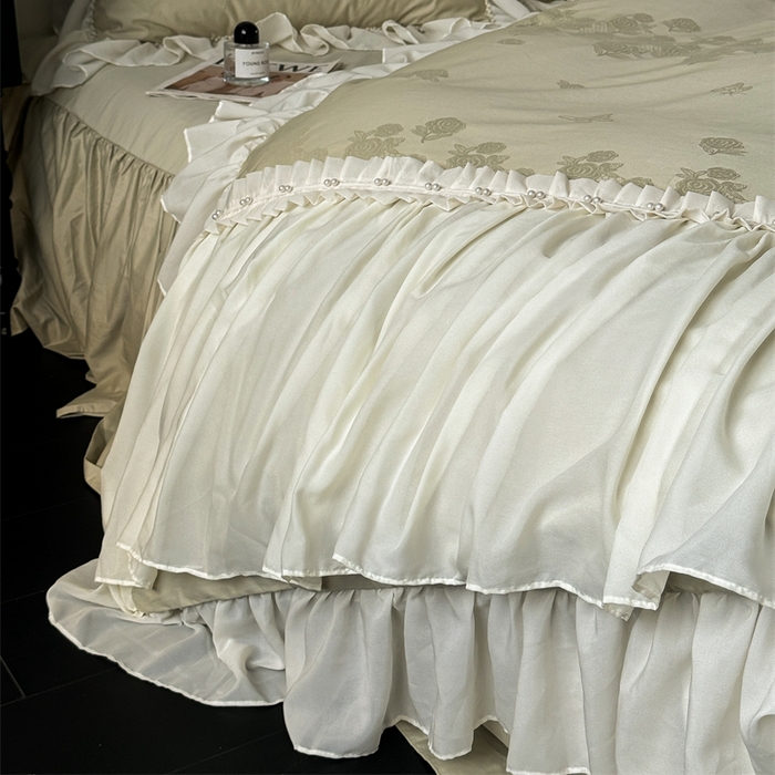 91家纺网 家纺一手货源 找家纺 菊上家纺 2025新款50S贡缎全棉提花床裙四件套 花漾