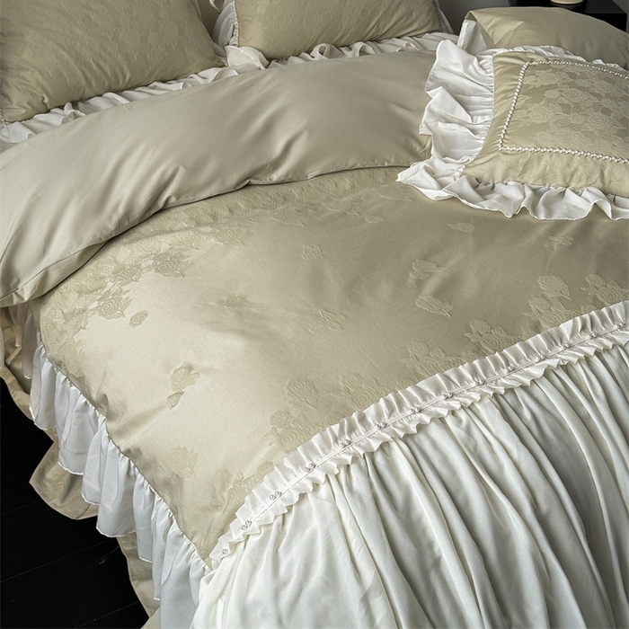 91家纺网 家纺一手货源 找家纺 菊上家纺 2025新款50S贡缎全棉提花床裙四件套 花漾