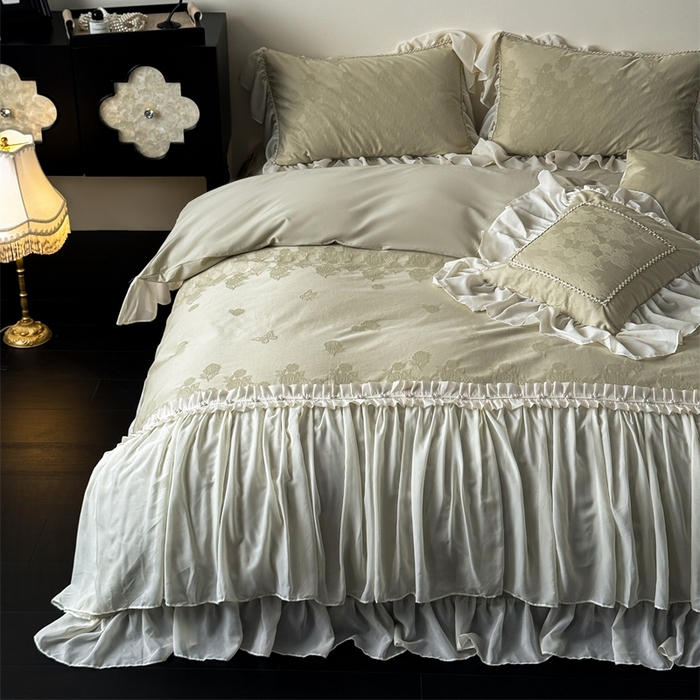 91家纺网 家纺一手货源 找家纺 菊上家纺 2025新款50S贡缎全棉提花床裙四件套 花漾