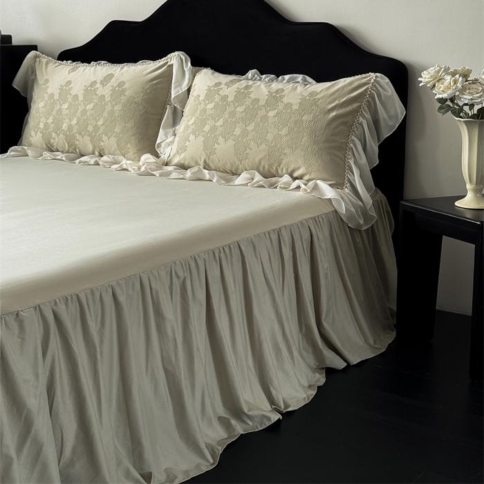 91家纺网 家纺一手货源 找家纺 菊上家纺 2025新款50S贡缎全棉提花床裙四件套 花漾