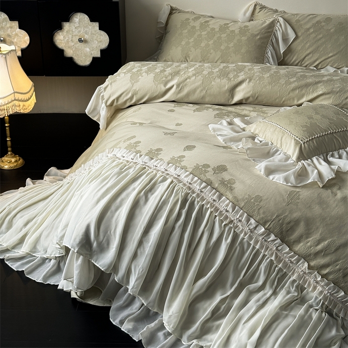 91家纺网 家纺一手货源 找家纺 菊上家纺 2025新款50S贡缎全棉提花床裙四件套 花漾