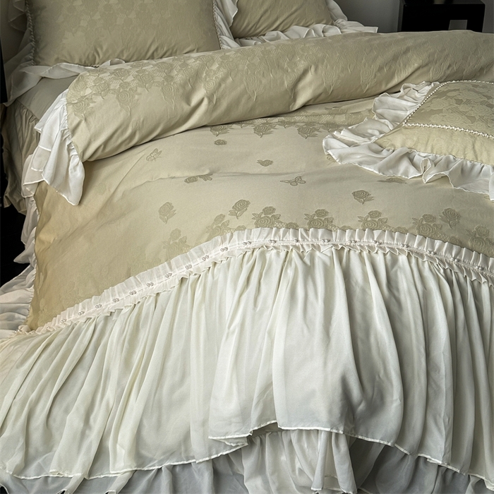 91家纺网 家纺一手货源 找家纺 菊上家纺 2025新款50S贡缎全棉提花床裙四件套 花漾