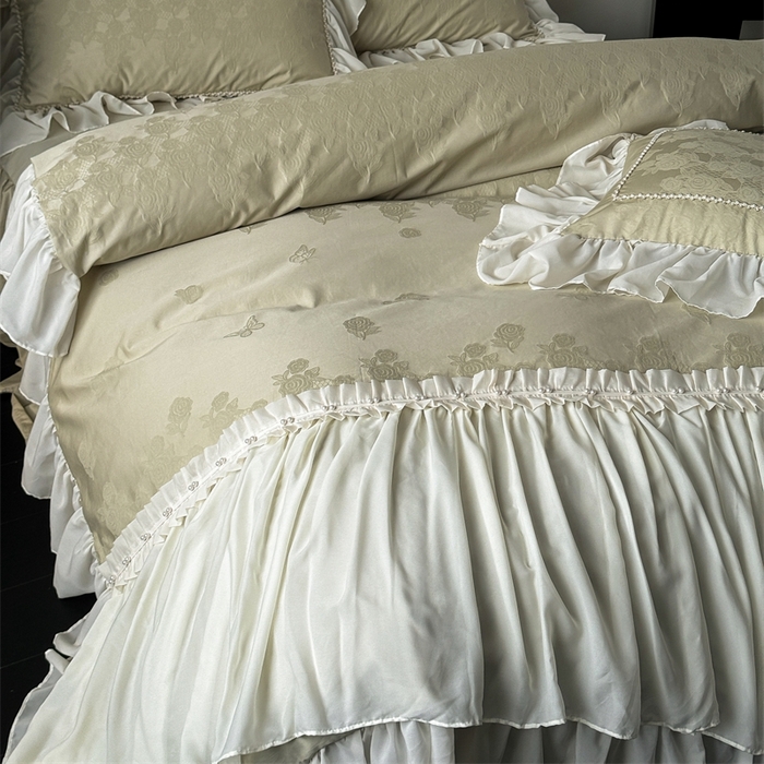 91家纺网 家纺一手货源 找家纺 菊上家纺 2025新款50S贡缎全棉提花床裙四件套 花漾