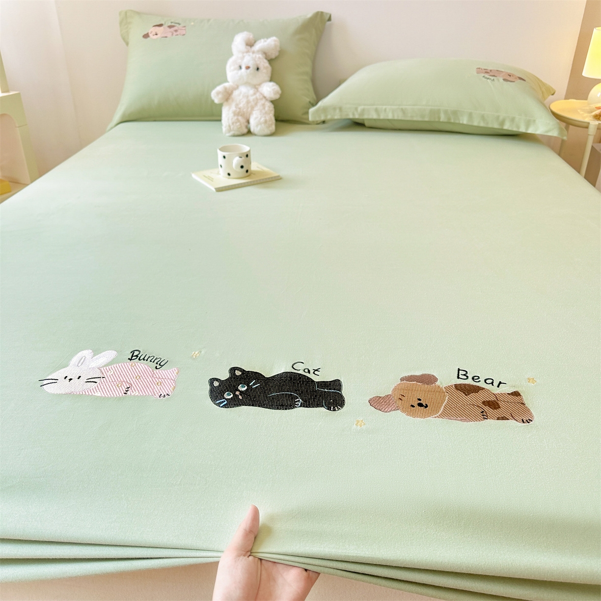 笙意家纺 2025新款全棉纯棉磨毛刺绣单品床笠 床笠单件 萌宠-春野绿