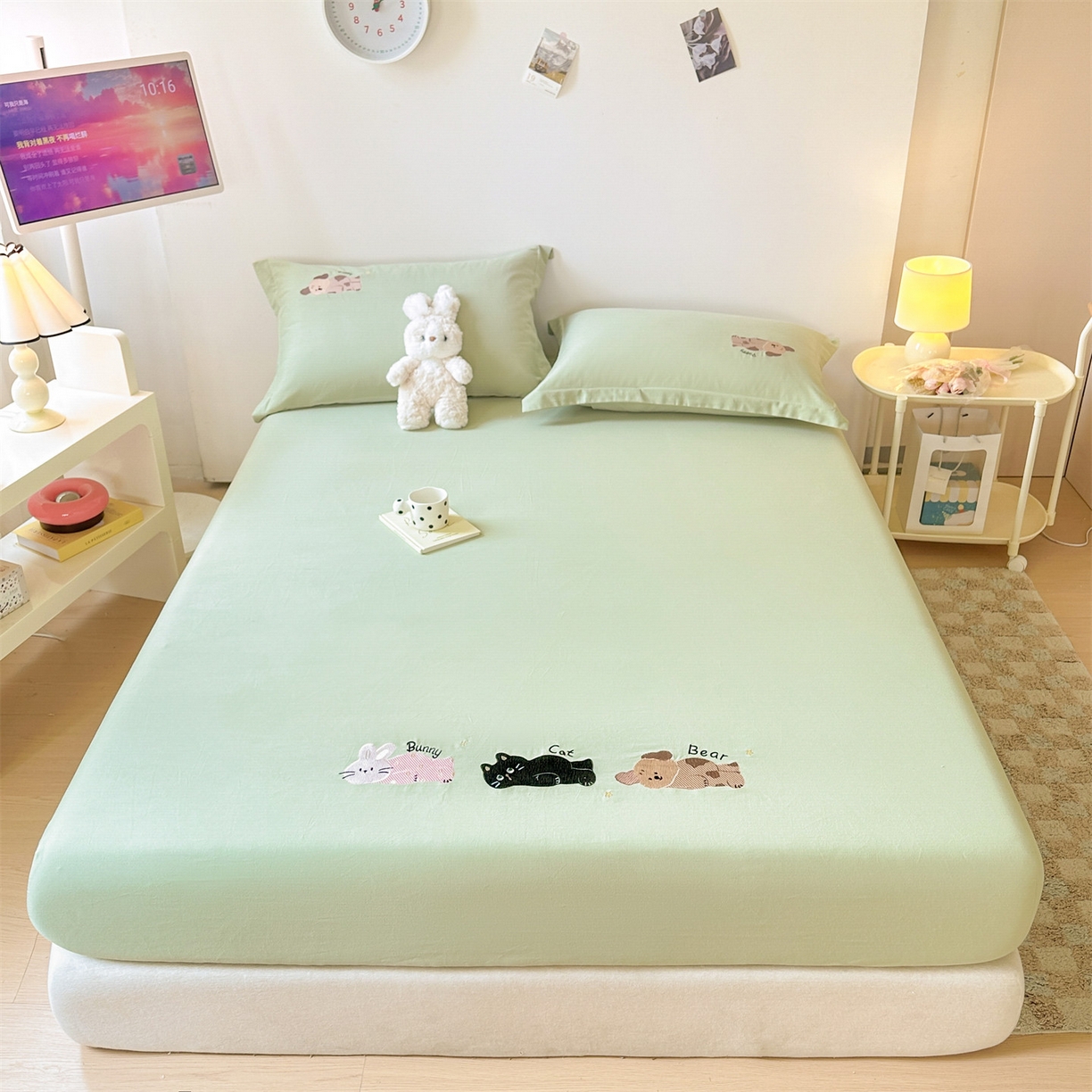 91家纺网 家纺一手货源 找家纺 笙意家纺 2025新款全棉纯棉磨毛刺绣单品床笠 床笠单件 萌宠-春野绿