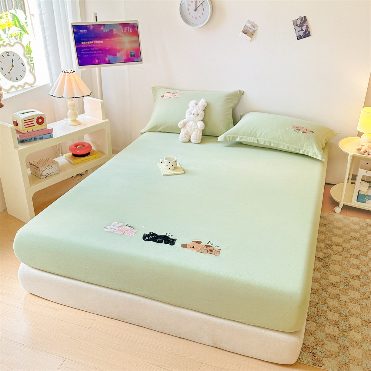 91家纺网 家纺一手货源 找家纺 笙意家纺 2025新款全棉纯棉磨毛刺绣单品床笠 床笠单件 萌宠-春野绿