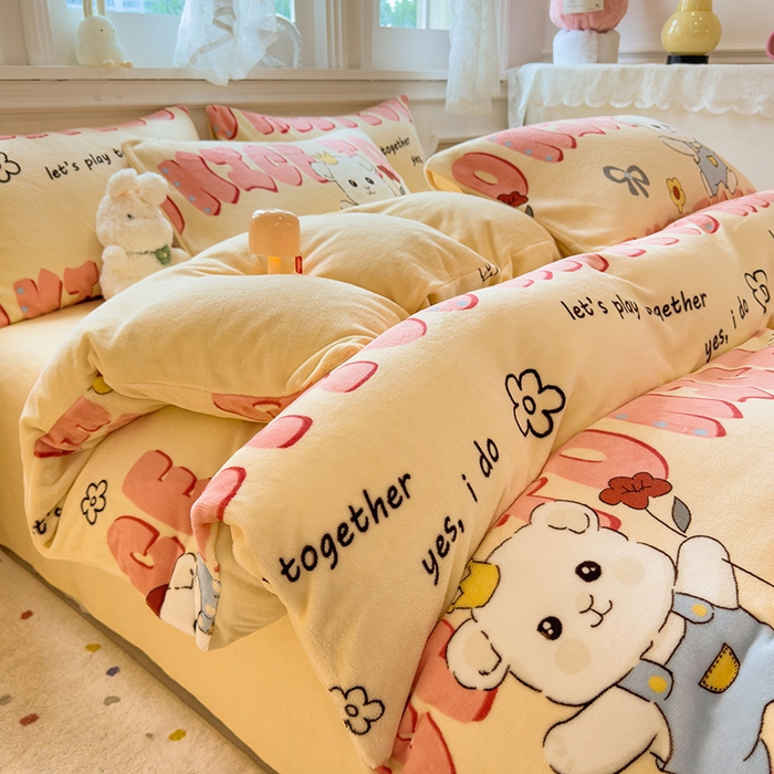 91家纺网 家纺一手货源 找家纺 （总）摩妮卡 摩妮卡 2025新款加厚款小清新牛奶绒印花四件套床单款床笠单被套