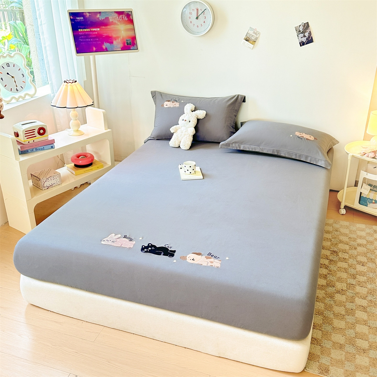 91家纺网 家纺一手货源 找家纺 笙意家纺 2025新款全棉纯棉磨毛刺绣单品床笠 床笠单件 萌宠-魅影灰