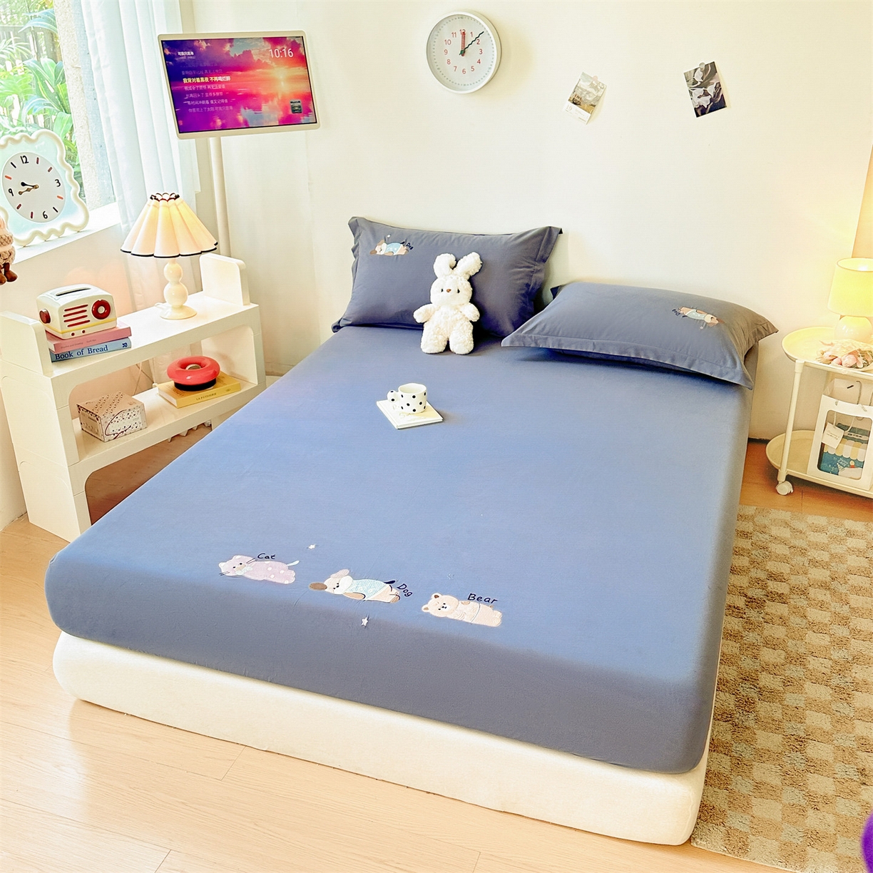 91家纺网 家纺一手货源 找家纺 笙意家纺 2025新款全棉纯棉磨毛刺绣单品床笠 床笠单件 萌宠-墨蓝