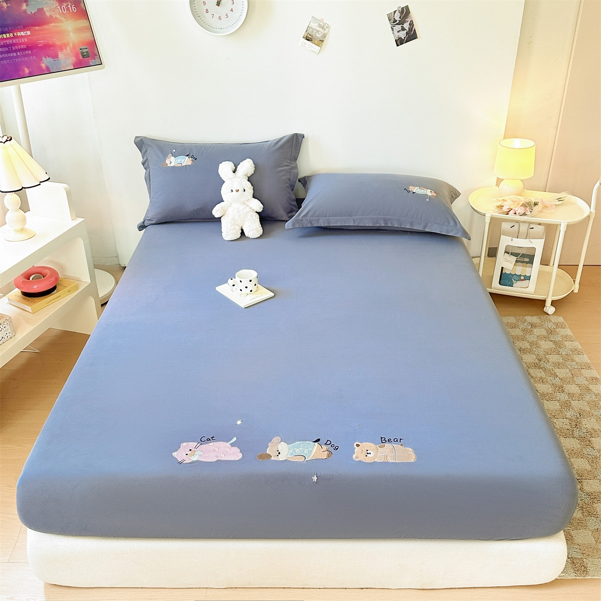 91家纺网 家纺一手货源 找家纺 笙意家纺 2025新款全棉纯棉磨毛刺绣单品床笠 床笠单件 萌宠-墨蓝