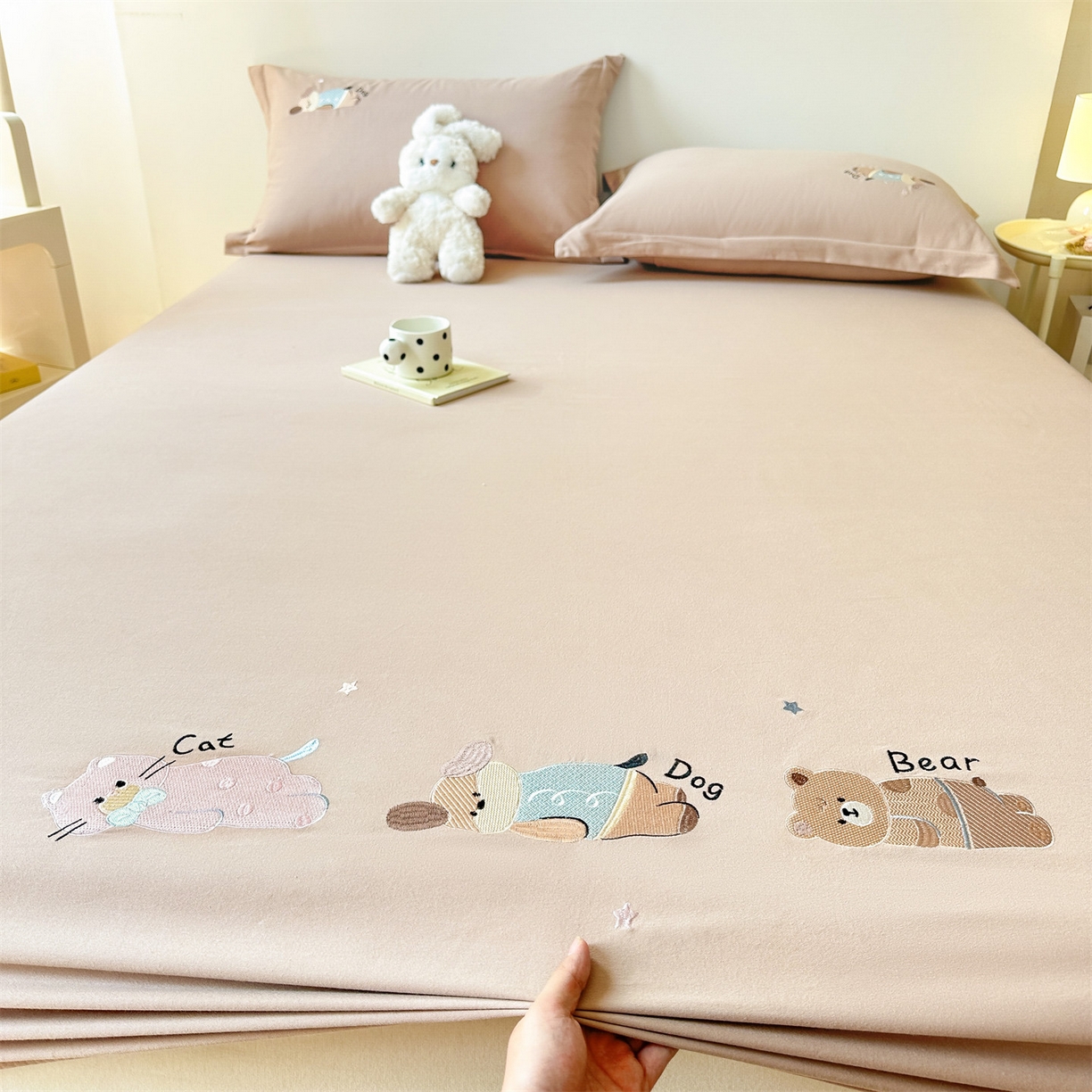 笙意家纺 2025新款全棉纯棉磨毛刺绣单品床笠 床笠单件 萌宠-热带棕