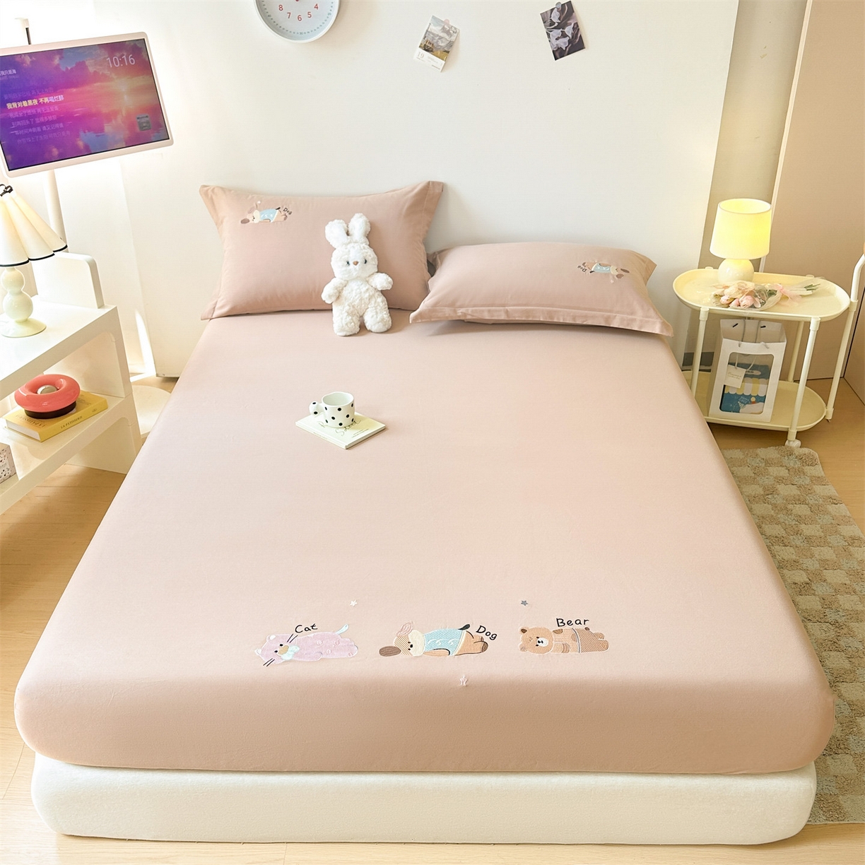 91家纺网 家纺一手货源 找家纺 笙意家纺 2025新款全棉纯棉磨毛刺绣单品床笠 床笠单件 萌宠-热带棕